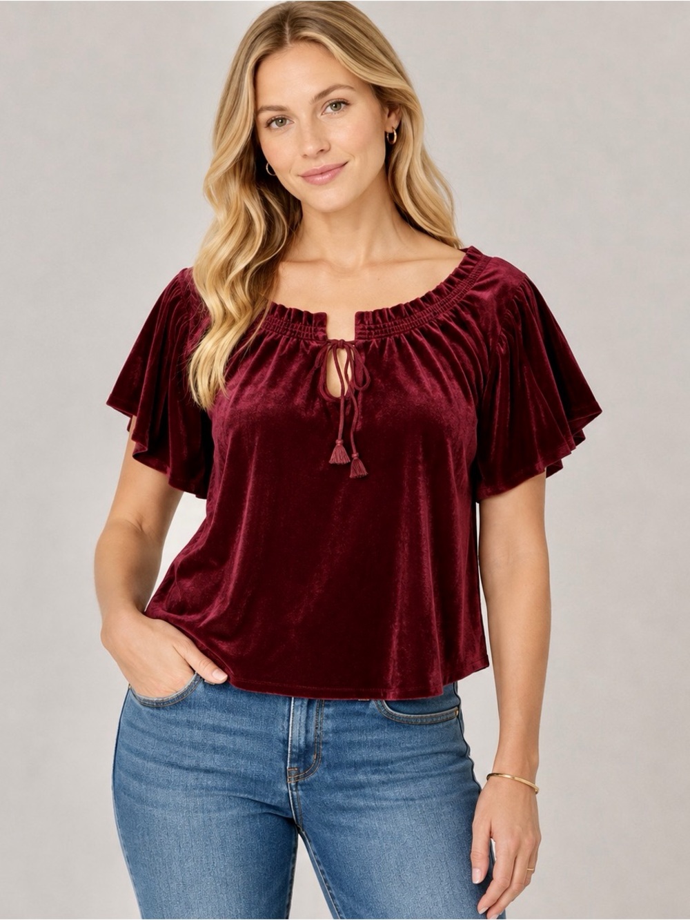 Free People Terese Garnet Red Velvet Short Puff Sleeve Top Boho Fall Size M